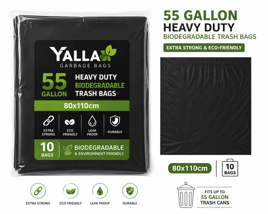 55 gal Heavy Duty Biodegradable Trash Bags – 80x110cm (10-Pack), Black Garbage Bags